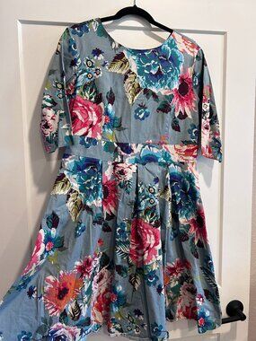 LAMIU XXL Blue Floral Fit & Flare Midi Dress Pleated Skirt 3/4 Sleeve